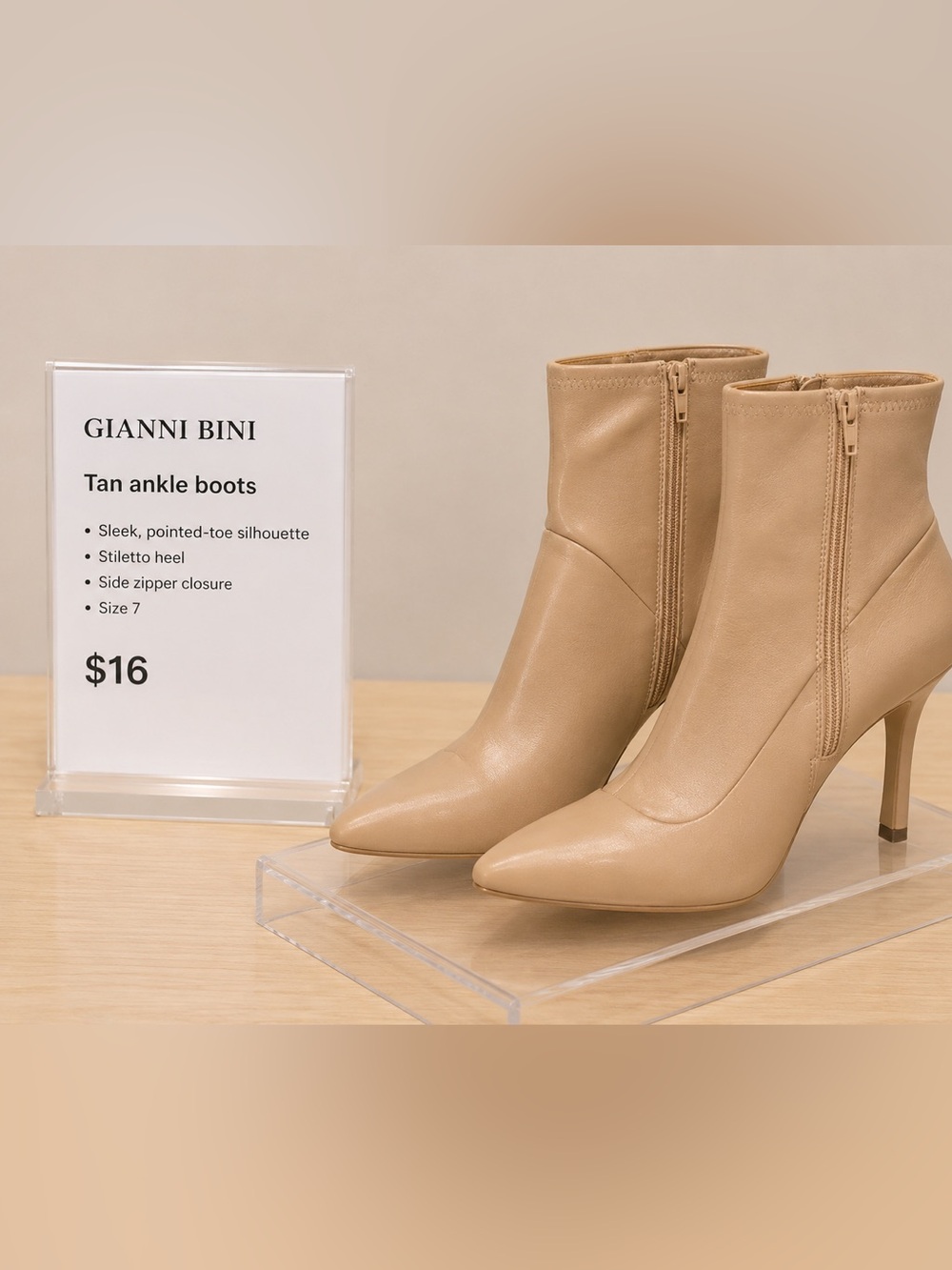 tan Gianni Bini ankle boots sleek, pointed-toe silhouette stiletto heel size 7